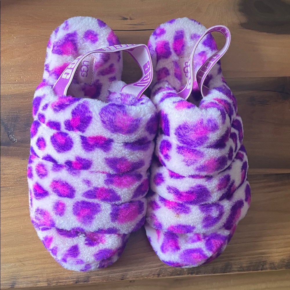 UGG Pink and Purple Leopard Fluffy Slides